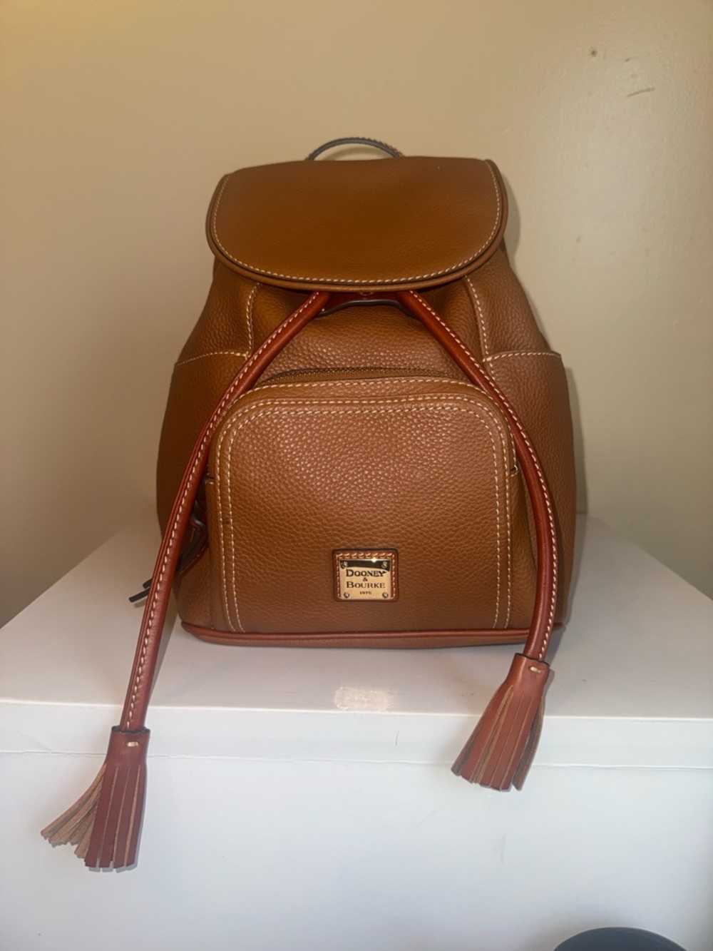 Dooney & Bourke Cognac Pebbled Leather Drawstring Backpack
